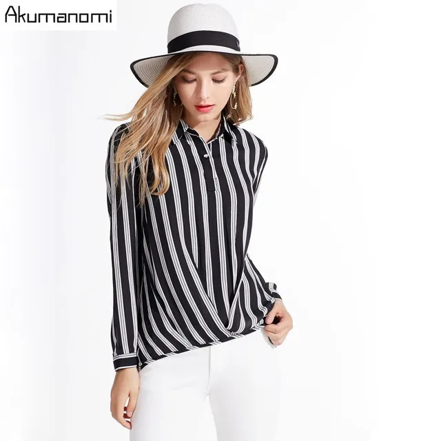 Autumn Spring Striped Shirt Blouse Turn down Collar Full Sleeve Tops Women's Clothes Overclothes 