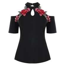 ROSEGAL, футболка размера плюс с открытыми плечами и вышивкой,, женские повседневные Черные футболки с коротким рукавом и вырезом-замочной скважиной, футболки, топы