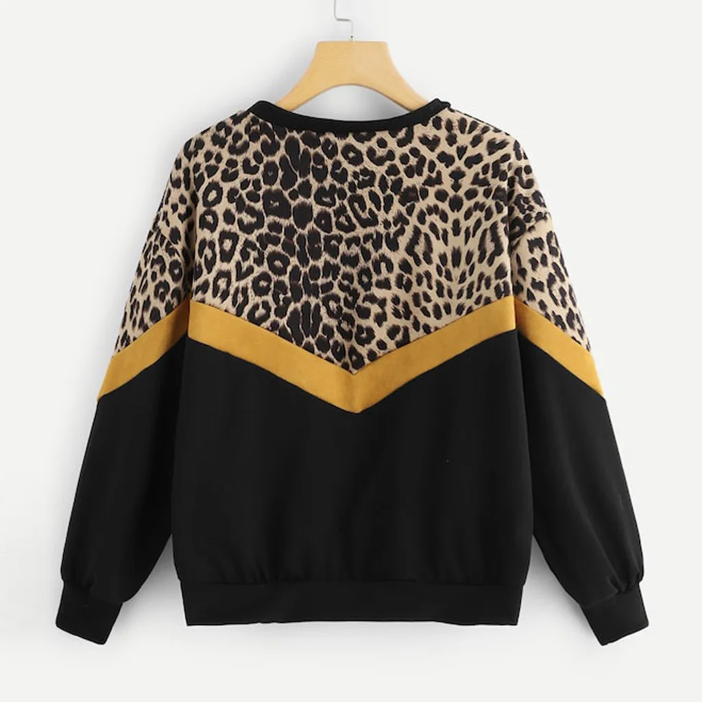 

Hot Sale Fashion Womens Casual Long Sleeve Patchwork Leopard Print O-Neck Tops New Winter vintage Pullover Female T-shirt 2019
