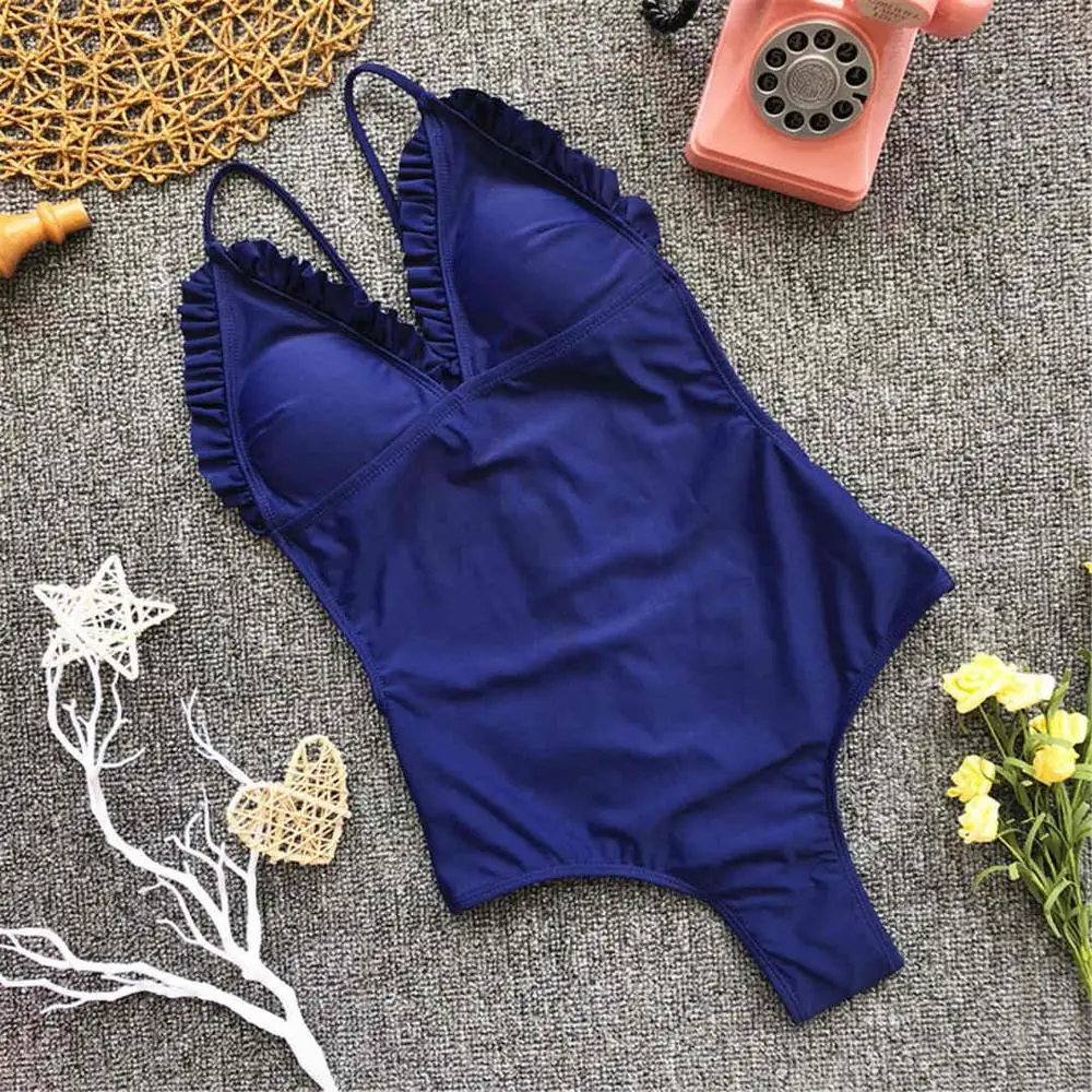 Сексуальный цельный купальник с оборками и открытой спиной, женская одежда для плавания, женский купальный костюм, купальный костюм с v-образным вырезом, одежда для плавания, монокини для женщин V1004 - Цвет: Deep Blue