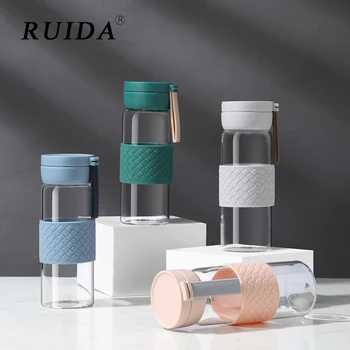 

RUIDA Glass Water Bottle with Silicone Cover Portable Water Bottles Outdoor Travel Plastic Bottle Student Drinkware Best Gift
