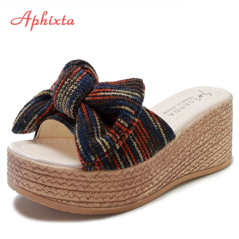 

Aphixta 7cm Wedge Heels Slides Women Shoes Mules Cotton Fabric Bow Flip Flops Platform Shoes Woman Beach Slipper Zapatos Mujer