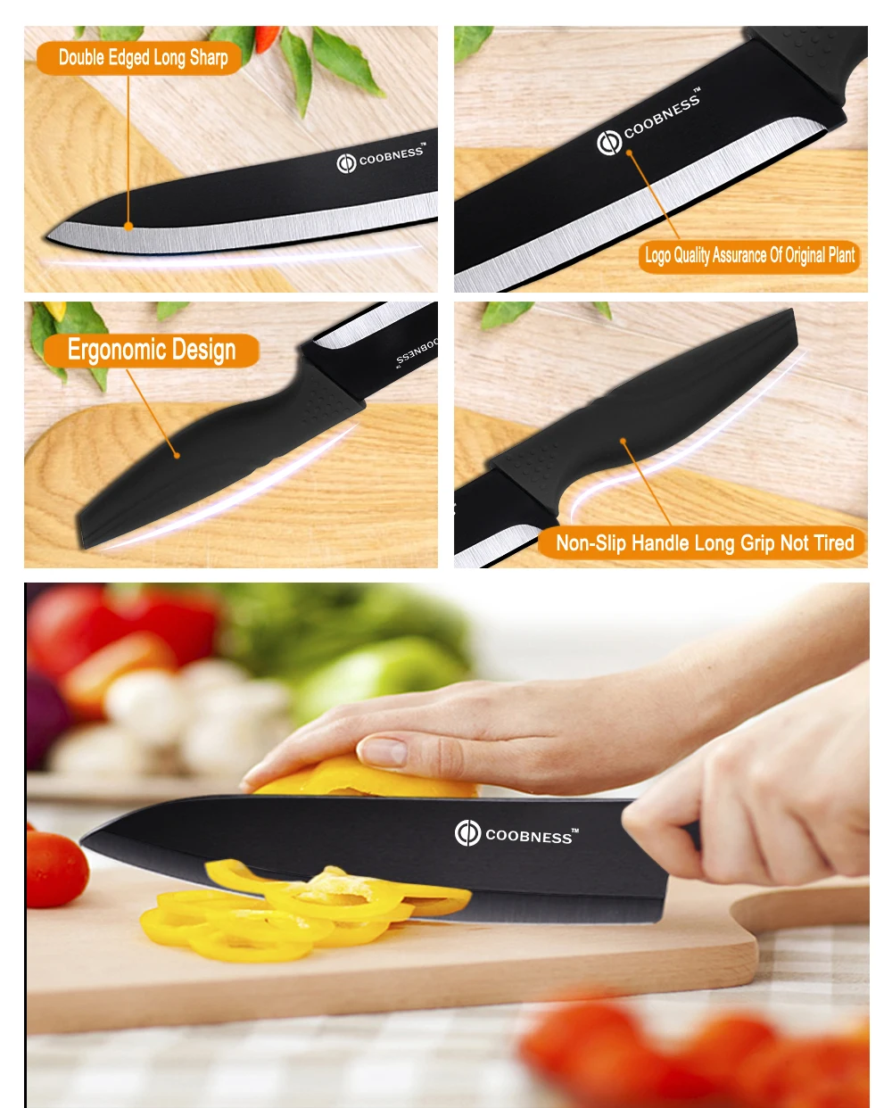 Кухонные ножи COOBNESS с черным лезвием, фирменный керамический нож, набор аксессуаров " для очистки овощей 4", универсальный нож " для нарезки 6", нож шеф-повара+ Овощечистка
