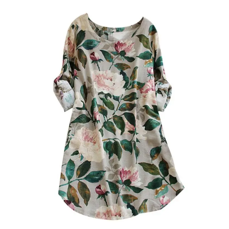 

Sweet Flower Print Pattern Mini Casual Cotton Dresses For Women's Stylish O Neck Dress