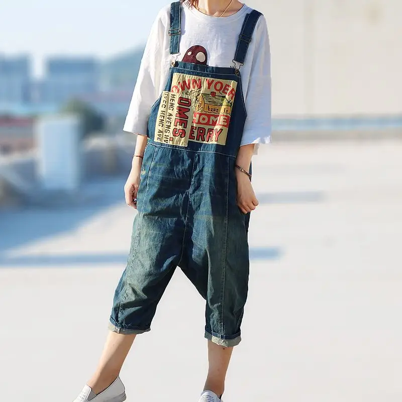 

2017 Summer Women's Denim Jumpsuits Wide Leg Baggy Washed Bleached Patchwork patch Hip-Hop Overalls Jeans Rompers G71802