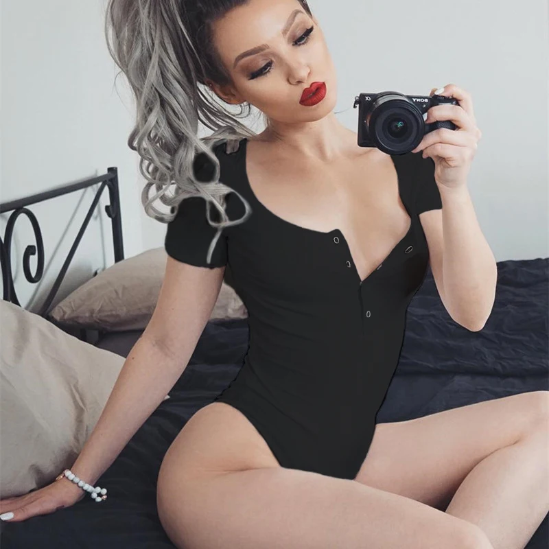 Sweetown مثير أسود قصير كم ارتداءها النساء زر BodyTop بذلة قصيرة الأبيض الجسم موهير 2018 الصيف الخريف Bodycon رومبير