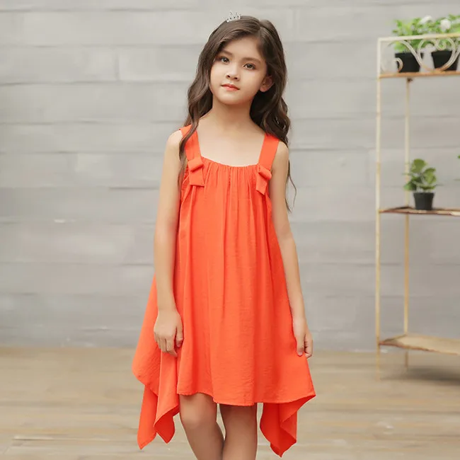 От 4 до 14 лет дети и подросток обувь для девочек Лето однотонный оранжевый Асимметричный повседневное пляжное платье Детская Мода Жилет пла
