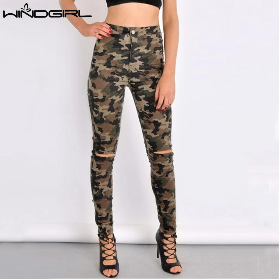 WINDGIRL Casual Camo Jeans Women Spring Vintage Stretch Slim Camouflage