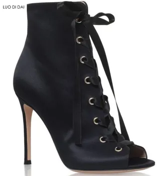 

2019 new women satin boots peep toe boots women party booties velvet lace up ankle boots dress shoes summer gladiator booties