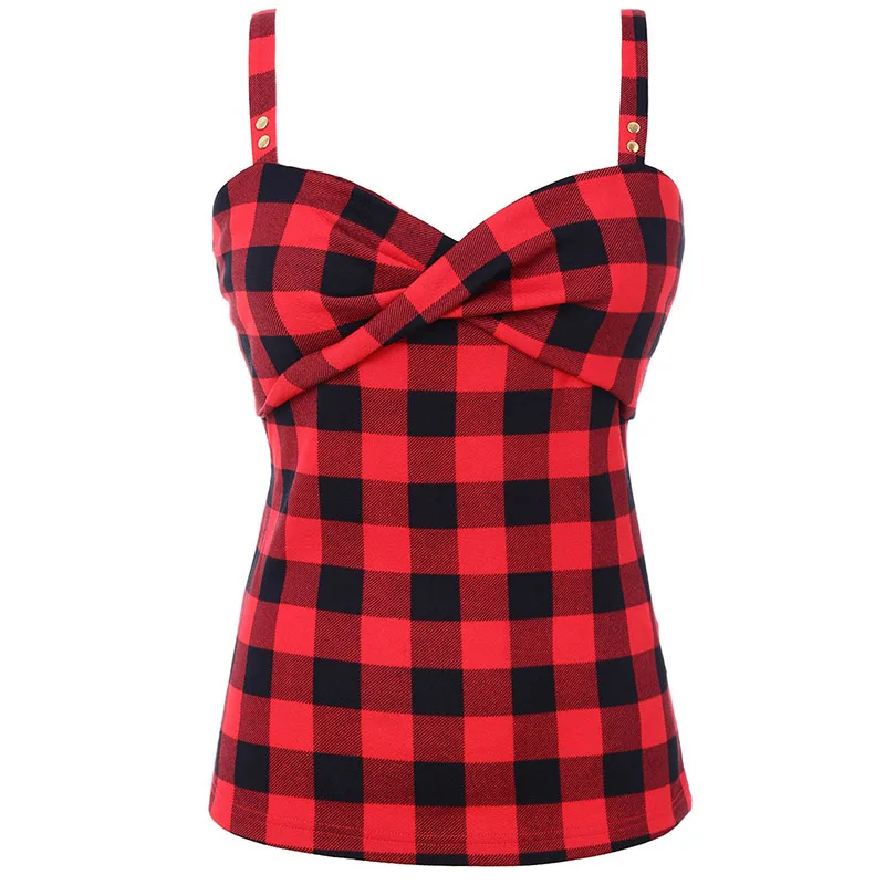 

Rosegal Plus Size Checked Twist Front Camis Women Tops Summer Plaid Spaghetti Strap Sleeveless Top Fashion Casual Women Clothes