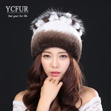 YCFUR 2016 New Arrival Women Winter Hats Fur Knitted Natural Rex Rabbit Fur Caps With Silver Fox Fur Beanies Hat Female Autumn