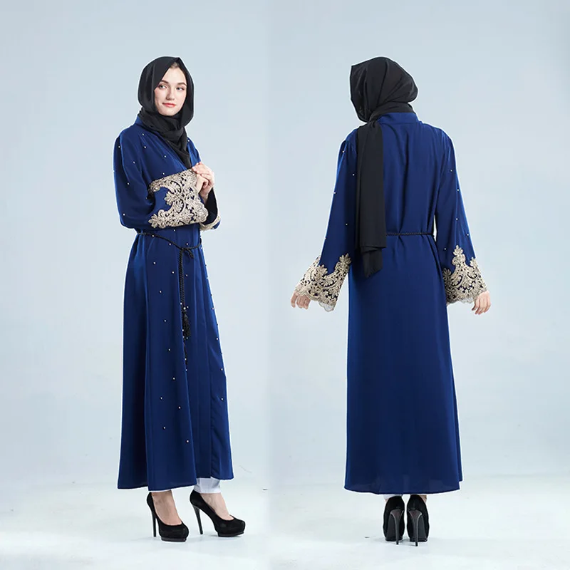 Кафтан открытый abaya Дубай Кружева Бисероплетение Женщин Кимоно Кардиган мусульманское платье хиджаб abaya s Caftan Elbise Турецкая мусульманская одежда - Цвет: Blue No Hijab