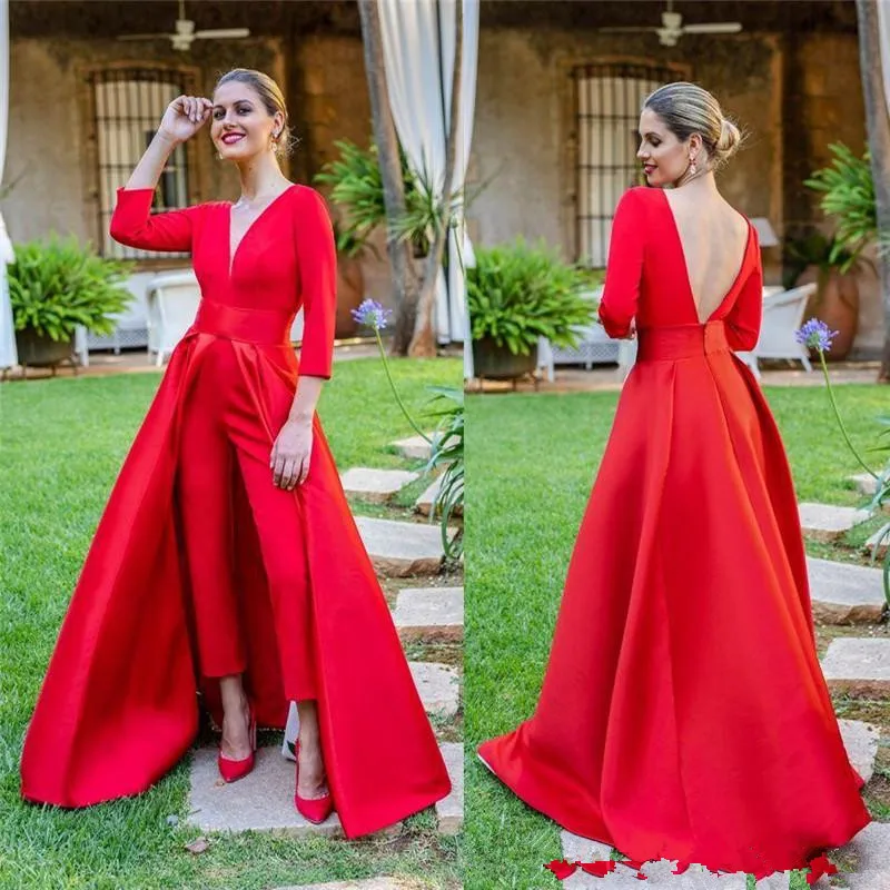 

2019 elegant red lace a line evening dresses floor length long sleeves prom gowns custom jumpsuits women formal dress prom free