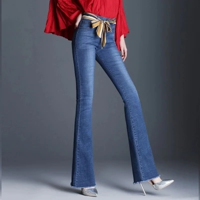 Для женщин Джинсы Весна Slim Fit плюс Размеры расклешенные джинсы Высокая Талия Stretch Skinny Jean Винтаж брюки клеш джинсовые брюки - Цвет: 2