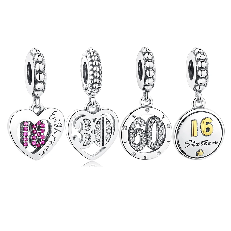 

Original 925 Sterling Silver Bead 18 30 40 60 Years of Love Heart Pendant Charms Fit Pandora Bracelets Necklaces Jewelry Making