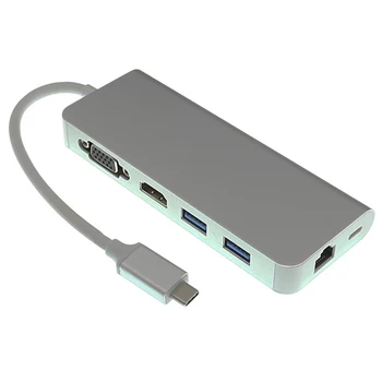

6 in 1 Thunderbolt 3 USB 3.1 USB -C Type C Hub with 4K 30hz HDMI VGA 1000M Gigabit RJ45 USB 3.0 Hub Type C PD Charging Adapter