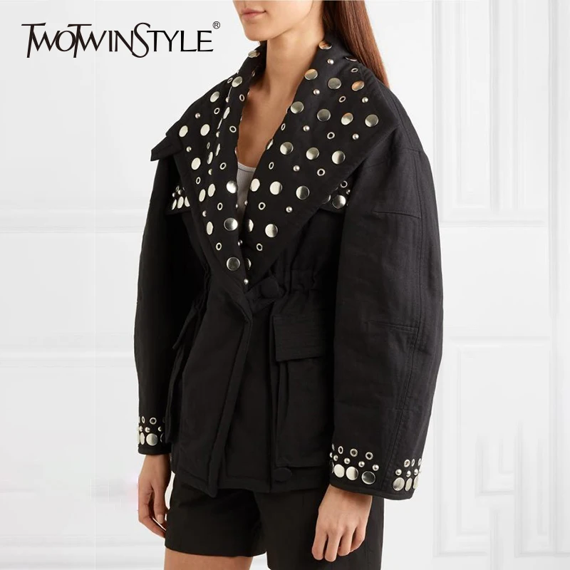 

TWOTWINSTYLE Rivet Jacket Tops Female Eyelet V Neck Lantern Sleeve Tunic Women's Coat Oversize Fashion 2019 Autumn Streetwear