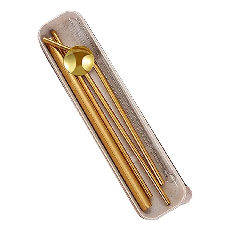 4 шт нержавеющая сталь металл питьевой соломы Многоразовые трубочки+ 2 комплект щеток для чистки - Цвет: Золотой