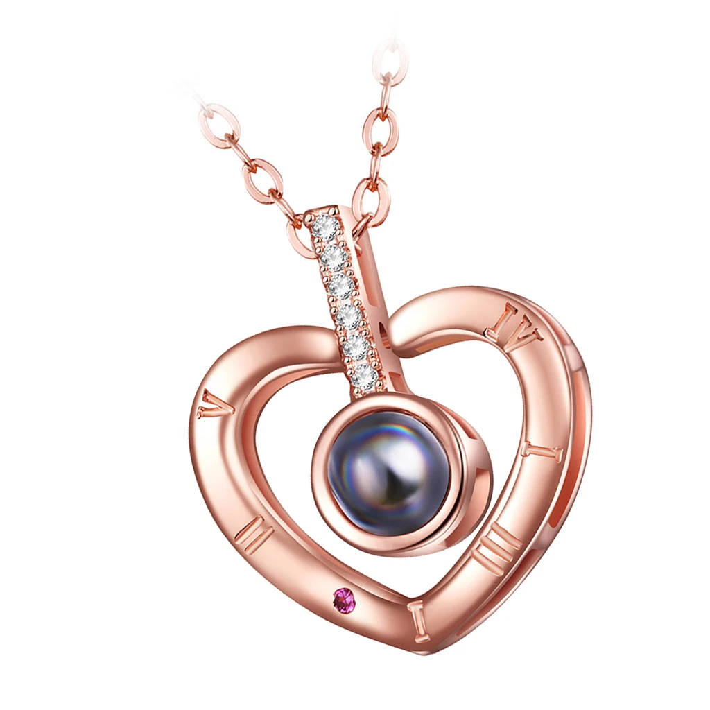 MagiDeal I Love You Memory Necklace Crystal Heart Pendant Nano Glass 100 Languages