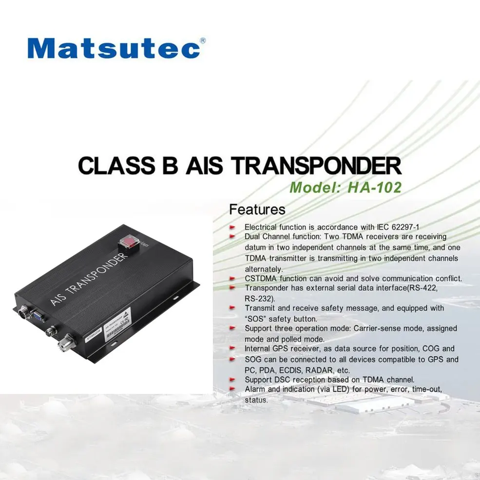 

Matsutec HA-102 Marine AIS receiver and transmitter system CLASS B AIS Transponder Dual Channel Function CSTDMA Function