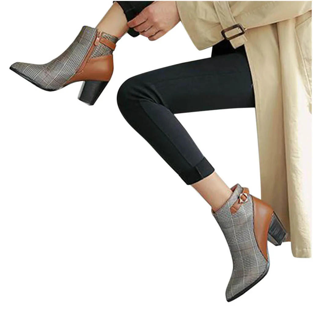 Женские короткие ботинки зимние вечерние ботинки в мелкую клетку г. Элегантные ботильоны на высоком каблуке с острым носком и ремешком с пряжкой в стиле ретро Botas Mujer