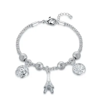 

Chain Bangles For Women 925 Sterling Silver Fashion Flower Tower Pendant Bracelets Simple Beads Accessories Jewelry For Party