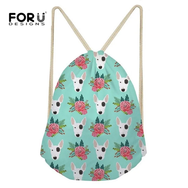 FORUDESIGNS Women Sports Bags Drawstring Bag Gym Shoes Bull Terrier Flower Pattern Training Athletic Bag Yoga Fitness Backpack