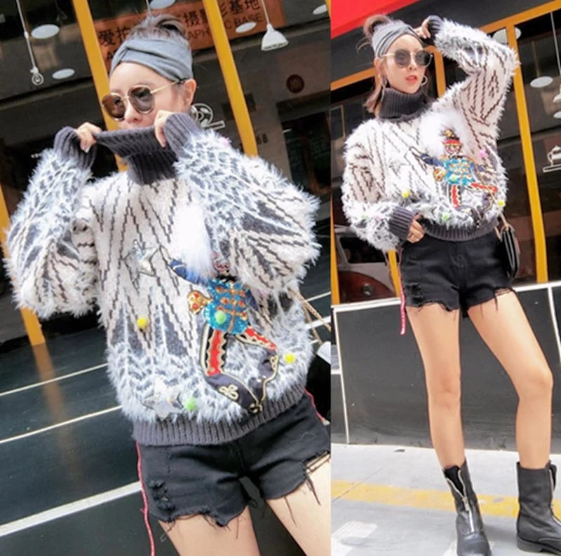 ^Cheap 2018 autumn new European and American fashion pullover sweater high collar sequins loose sweater tide brand women's clothing