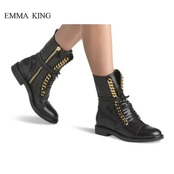 

2019 New Punk Style Women Flats Ankle Boots Round Toe Cross-tied Side Zipper Black Leather Martin Boots Ladies Casual Shoes