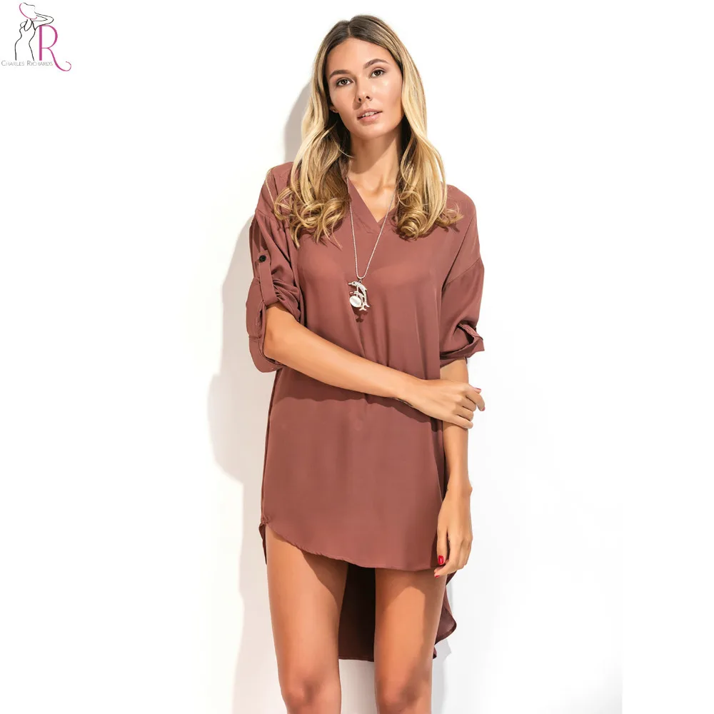 Women Dipped High Low Hem Casual Plus Size Dress V Neck Roll up Long