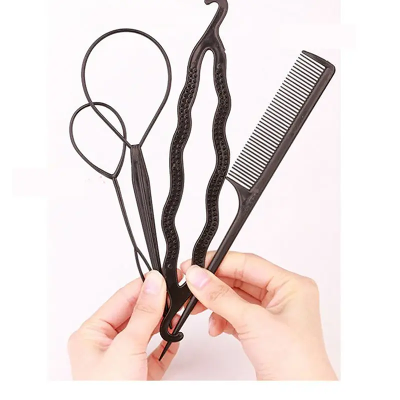 

#AD17040 4pcs Ponytail Creator Plastic Loop Styling Tools Black Topsy Pony Tail Clip Hair Braid Maker Styling Tool Fashion Salon