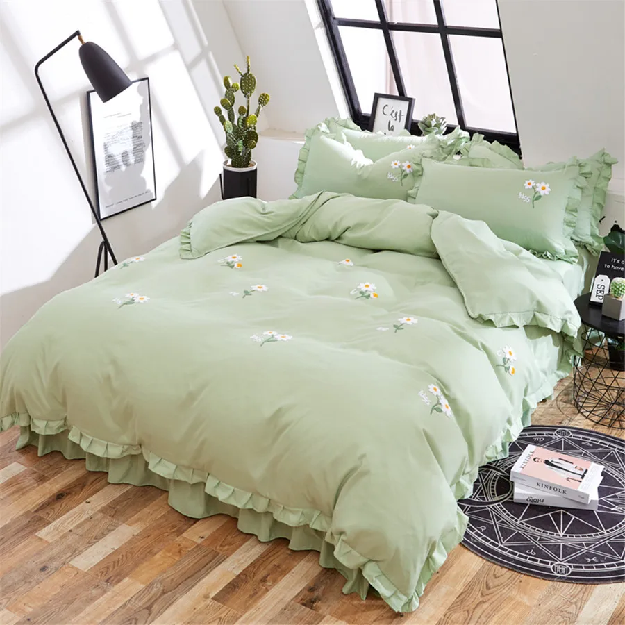 New Princess Style Pink Green Duvet Cover Set Embroidery Bedding