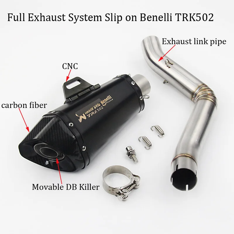 

Full Exhaust Motorcycle System Carbon Fiber+stainless Steel Connection Link Pipe with DB Killer Slip on For Benelli TRK502