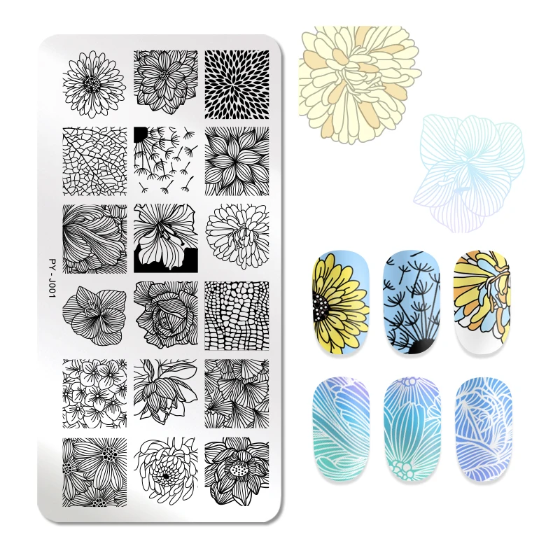 PICT YOU Nail Stamping Plates Rectangle Shape Flower Series Stainless Steel Nail Art Image Plate Stencils Tools J001