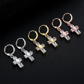 

Fashion Cubic Zircon Cross Drop Earrings For Women Classic Crystal Gold Silver Rose Gold Color Cross Dangle Earrings Brincos