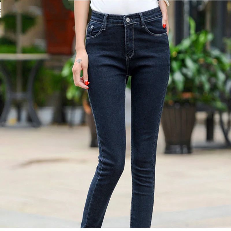 Женские джинсы, черные джинсы с высокой талией, женские джинсы с высокой эластичностью размера плюс, Стрейчевые джинсы, женские потертые джинсы, узкие брюки-карандаш