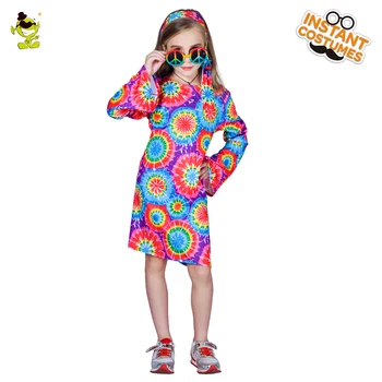 

Girl's Fancy Dress FREE SHIPPING Girls 60s 70s Retro Hippie Go Go Girl Disco Costume Summer Dress Children's Colorful Party