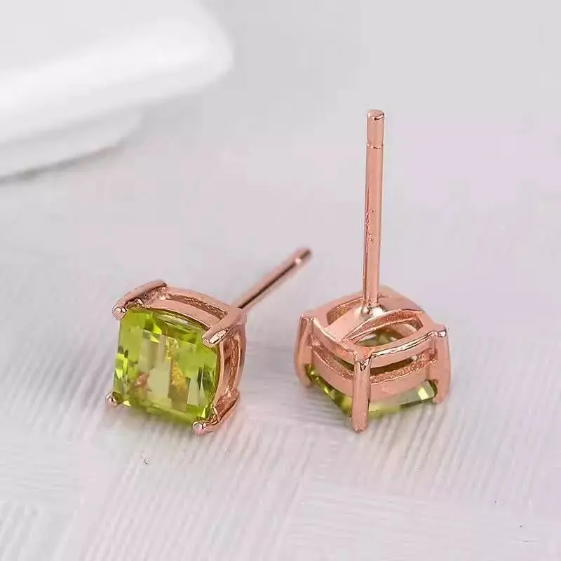 

LANZYO 925 Sterling Silver natuarl Peridot Stud Earrings Girls Birthday Gift Princess square Earring Fine Jewelry for Woman