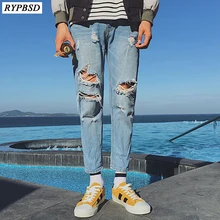 Сезон: весна-лето Высокое качество промывают модные рваные узкие ботильоны длина джинсы для женщин для мужчин разрушенные Джинс