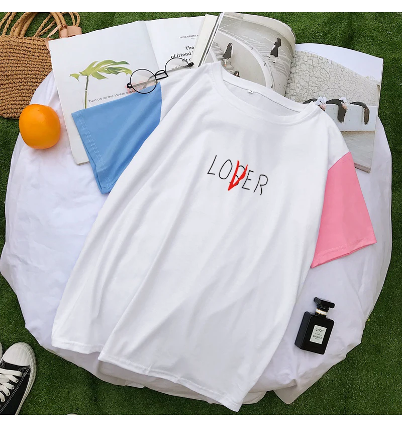 Cotton T Shirts Women New Short Sleevee Color Block Loose Tee Shirt Femme Harajuku Tumblr Funny Letter Lover Or Loser Print Tops (4)