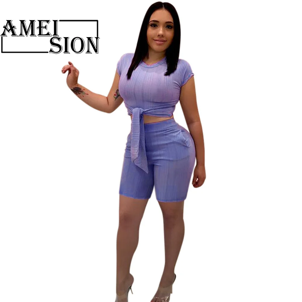 

Women Tracksuit Bow Belt Suits for Female Summer Casual Two Piece Set Sexy Summer Outfits T Shirt Crop Tops and Shorts