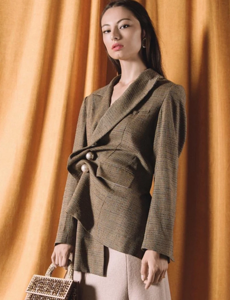OXANT нерегулярные Для женщин костюмы комплект одежды с длинными рукавами пальто с жемчугом женские больших размеров расклешенные брюки