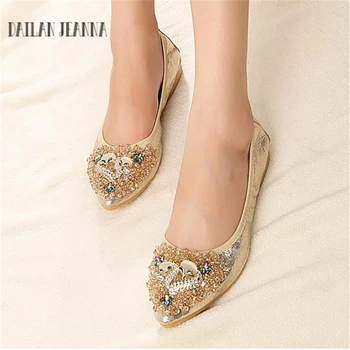 

Dailan Jeanna Women Crystal Ballet Flats Size 31-43 2017 Spring Solid Gold Bling Cloth Pointed Toe Slip-On Flat Shoes Woman