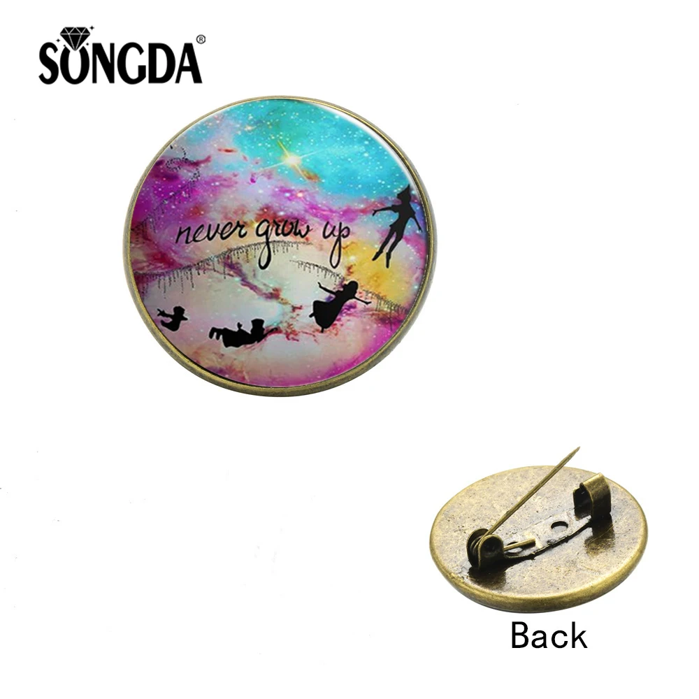 

SONGDA Never Grow Up Peter Pan Lapel Pin Badge Button Handmade Glass Cabochon Brooch on Hat Jeans Backpack Cartoon Movie Jewelry