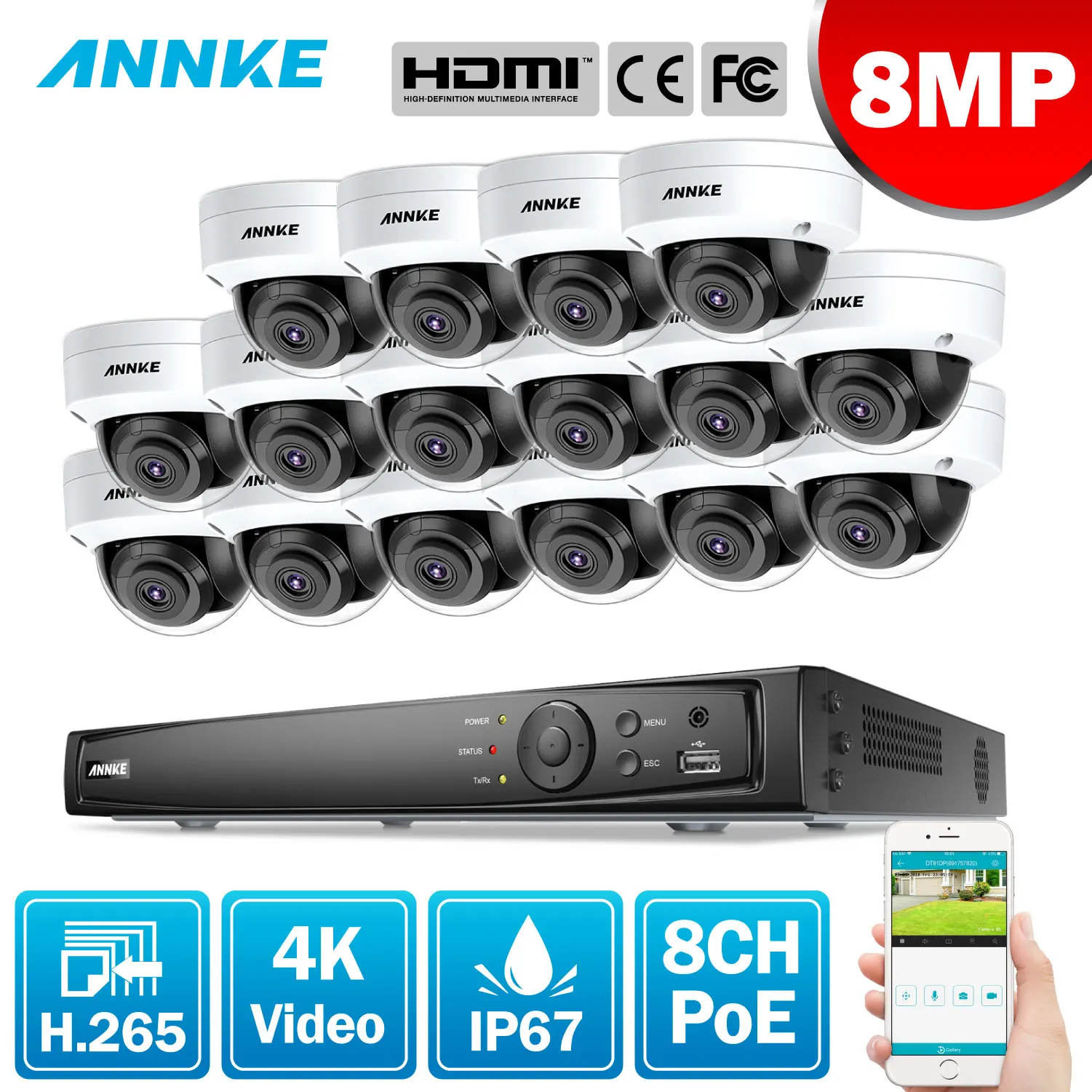 

ANNKE 16CH 4K Ultra HD POE Network Video Security System 8MP H.265 NVR With 16X 8MP 30m EXIR Night Vision Weatherproof IP Camera