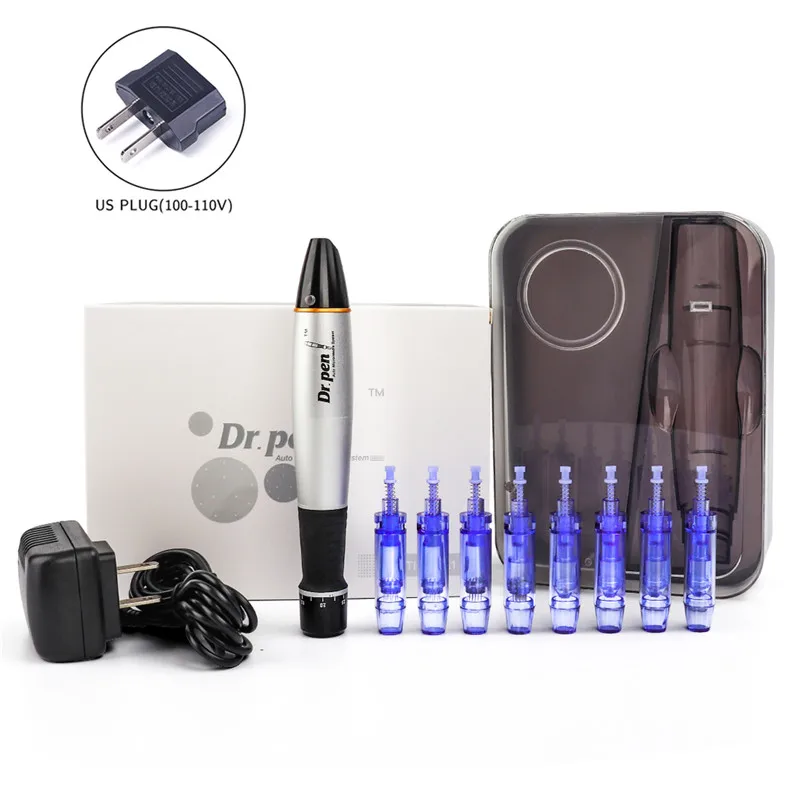 Electric Micro Needling Pen Skin Tightening Remove Scar Reduce Wrinkles Scar Marks Removal Device Skin Dr Pen with 8pc Cartridge - Цвет: US Plug