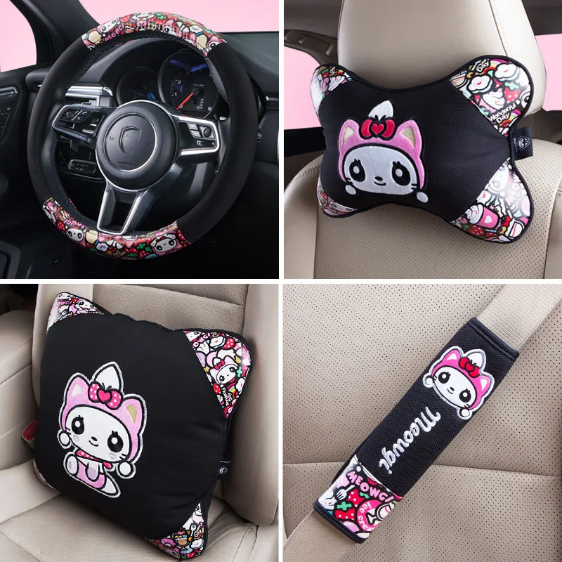 

Chsky Cute Cat Car Neck Pillow Seat Headrest Car Seat Cover Steering Covers Protector Waist Pillow Auto Accessories For Girls
