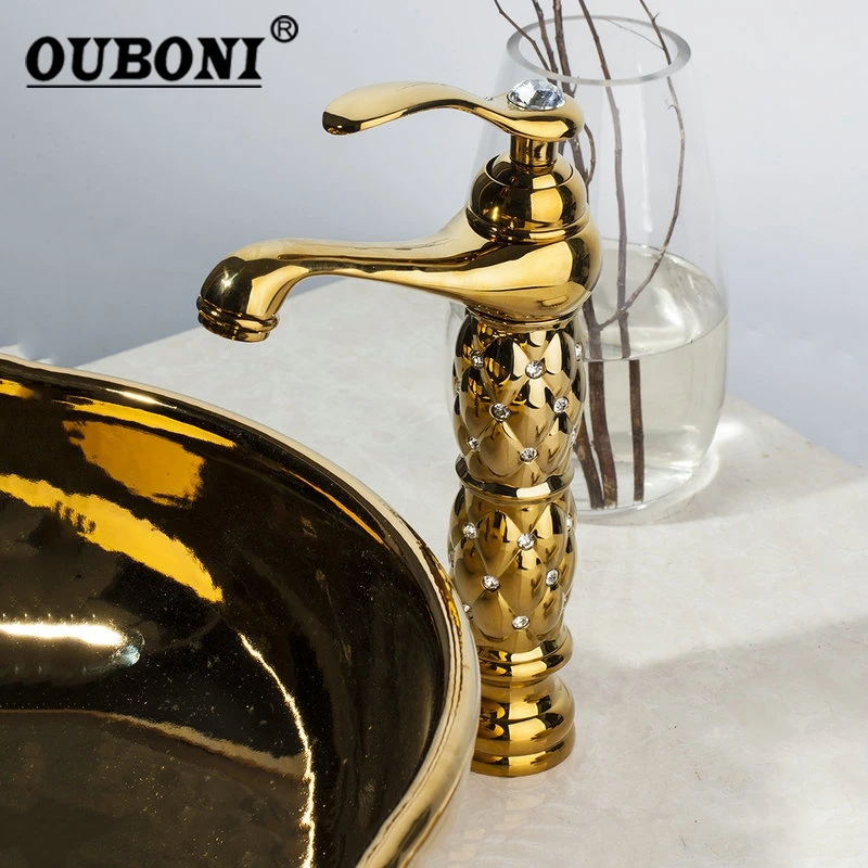 OUBONI Роскошный Золотой полированный Смеситель для ванной комнаты, высокий короткий Стильный кран на бортике с одной ручкой, смеситель для раковины