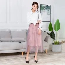 Для женщин с фатиновой юбкой в складку Миди-юбки с подкладкой с эластичной резинкой; женская летняя с высокой талией два Слои сладкий Повседневное многослойная юбка-пачка с сеточкой для Для женщин