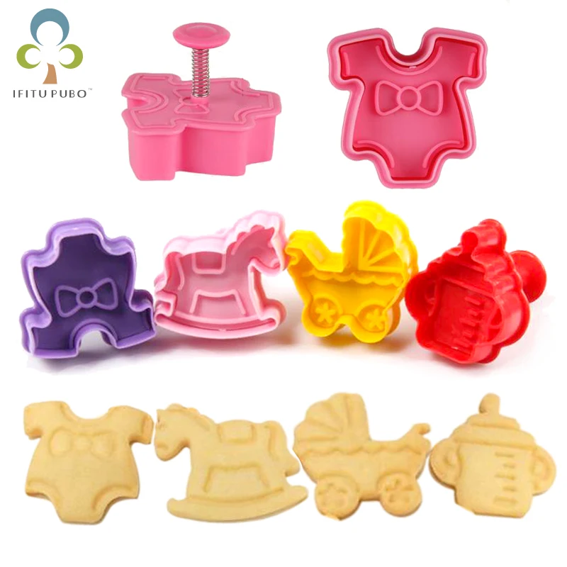 

4pcs Stamp Biscuit Mold 3D Cookie Plunger Cutter Trojan Pastry Decorating DIY Food Fondant Baking Mould Baby Shower Style GYH
